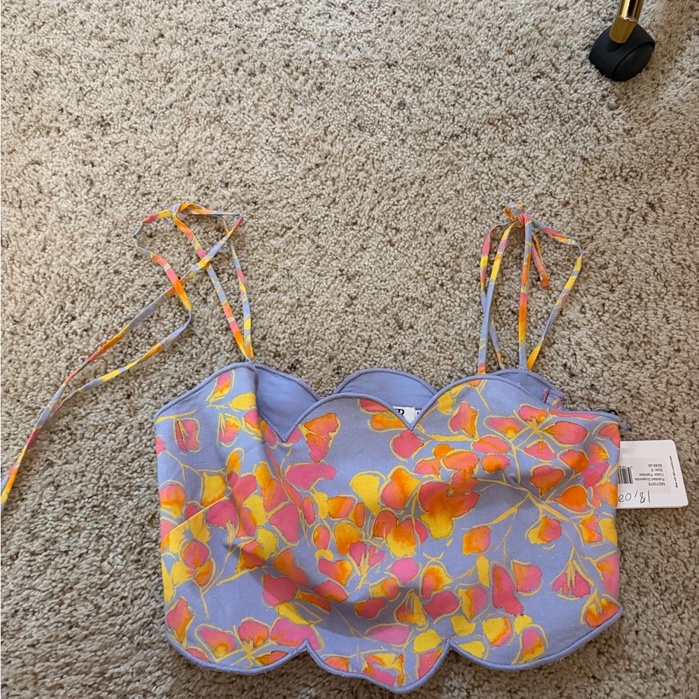 AMUR Floral Scalloped Top in Purple and Yellow